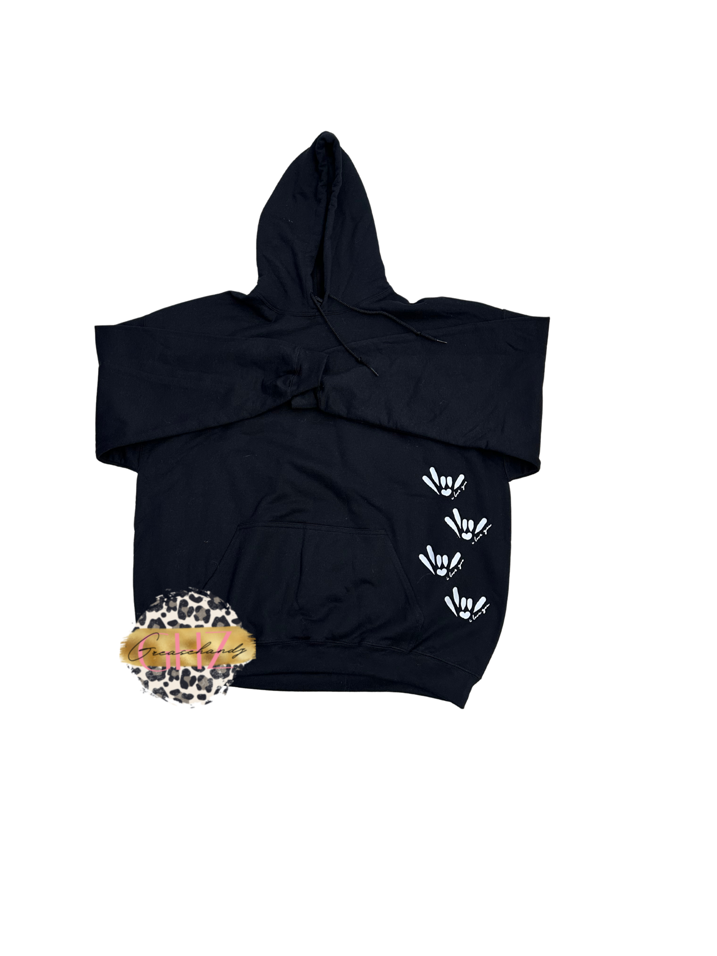 #130 ILY front and word on back hoodie (2XL)