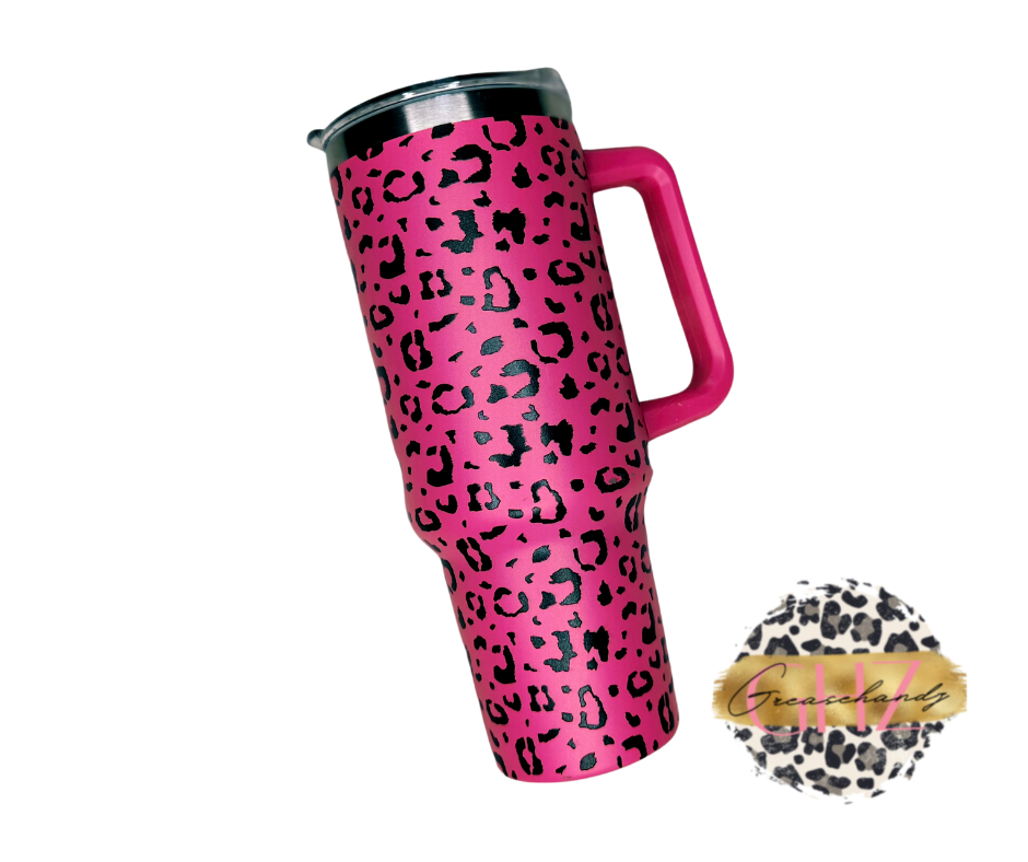 Pink tumbler with black leopard print