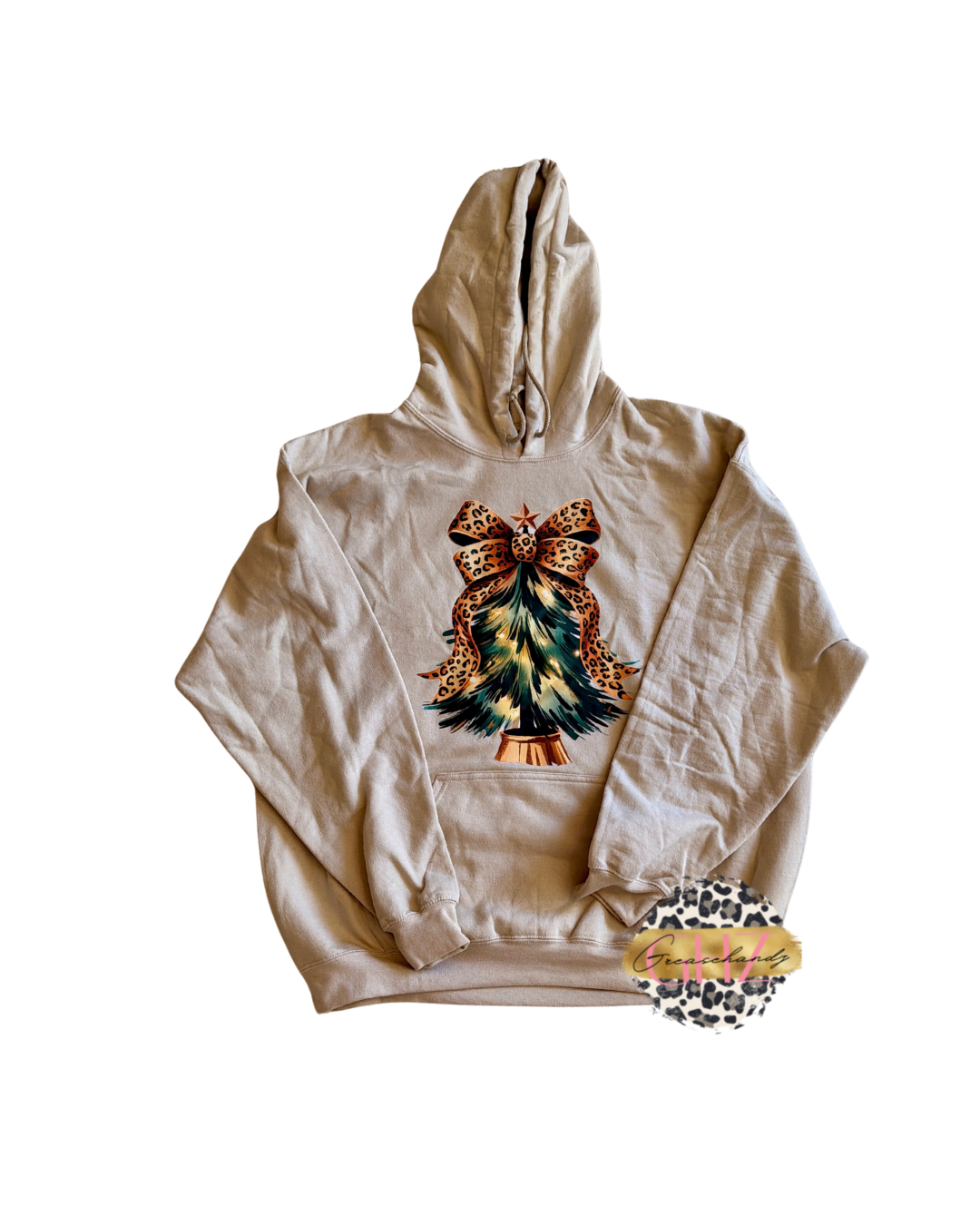 #36 christmas trees and bows tan hoodie (XL)