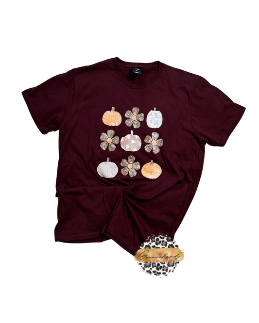 Maroon Fall Flowers and Pumpkins
